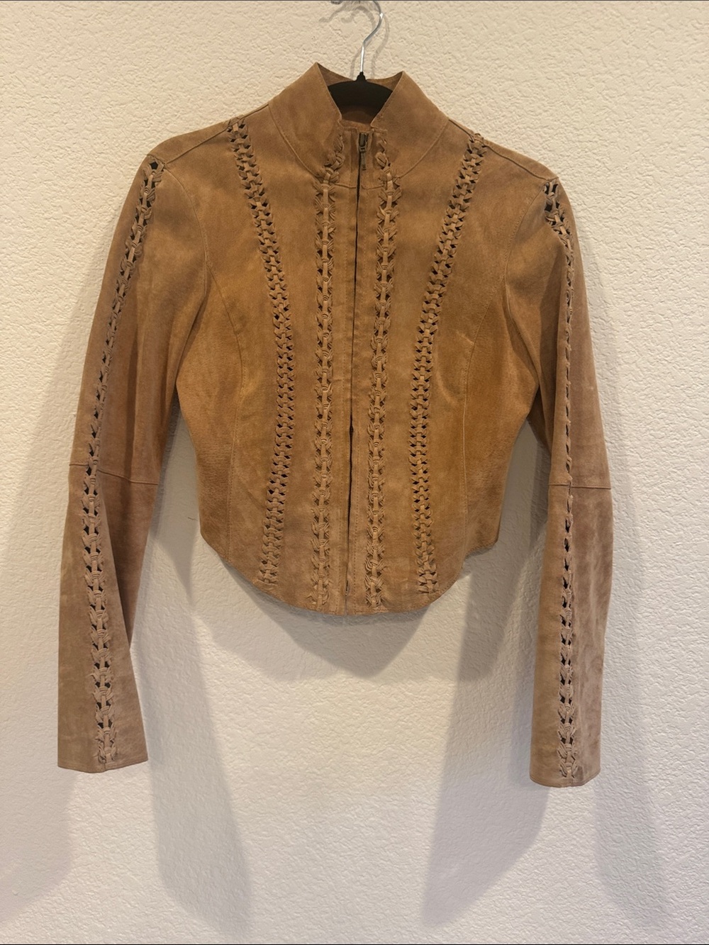bebe Tan Suede Braided-Trim Zip Jacket